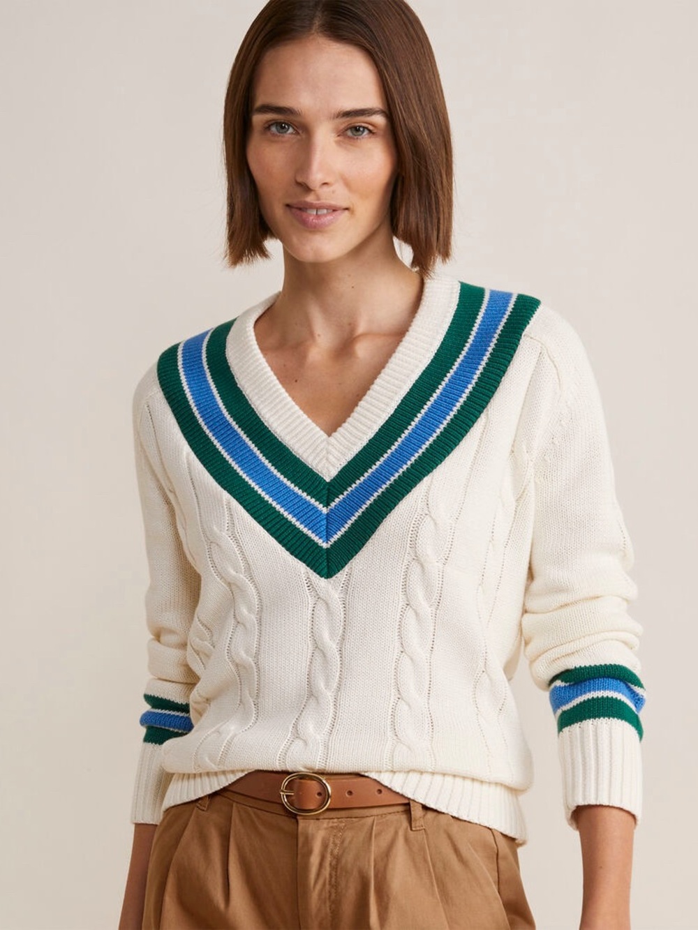 Vineyard Vines Varsity Cable Knit V Neck Sweater Ivory Green Blue XS